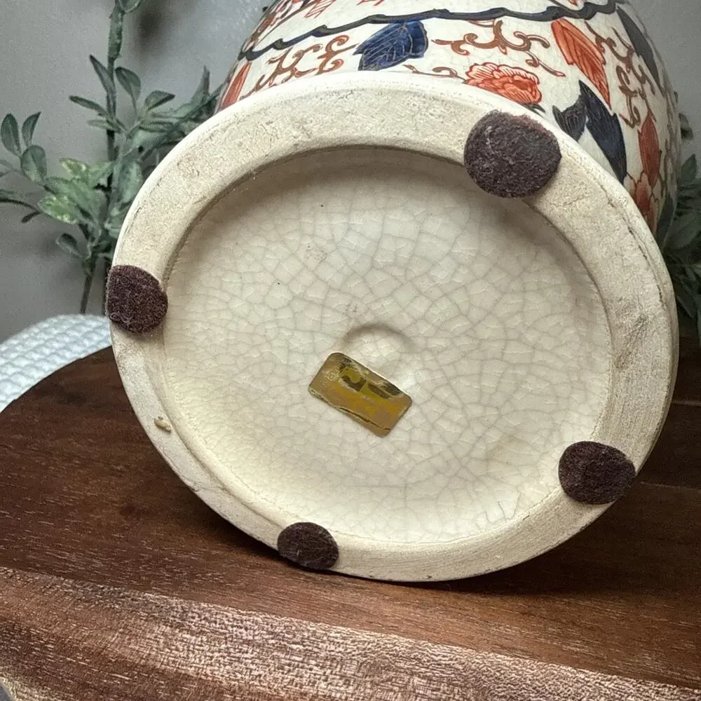 Vintage LJ Japan Imari Style Ginger Jar Lidded Vase Crackle Glaze Chinoiseri 11”
